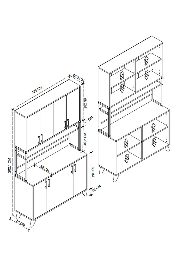 8 Kapaklı Çok Amaçlı Dolap Defne Mutfak Dolabı Erzak Dolabı Kiler Dolabı Safir Meşe Beyaz